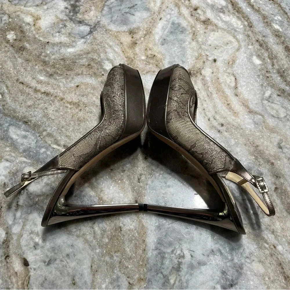 Jimmy Choo Metallic Brown Lace Dahlia Peep Toe Pumps Size 37